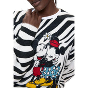 Desigual women white knitwear regular fit acrylic blend sweater with black and white zebra stripes and embroidered mickey and minnie design