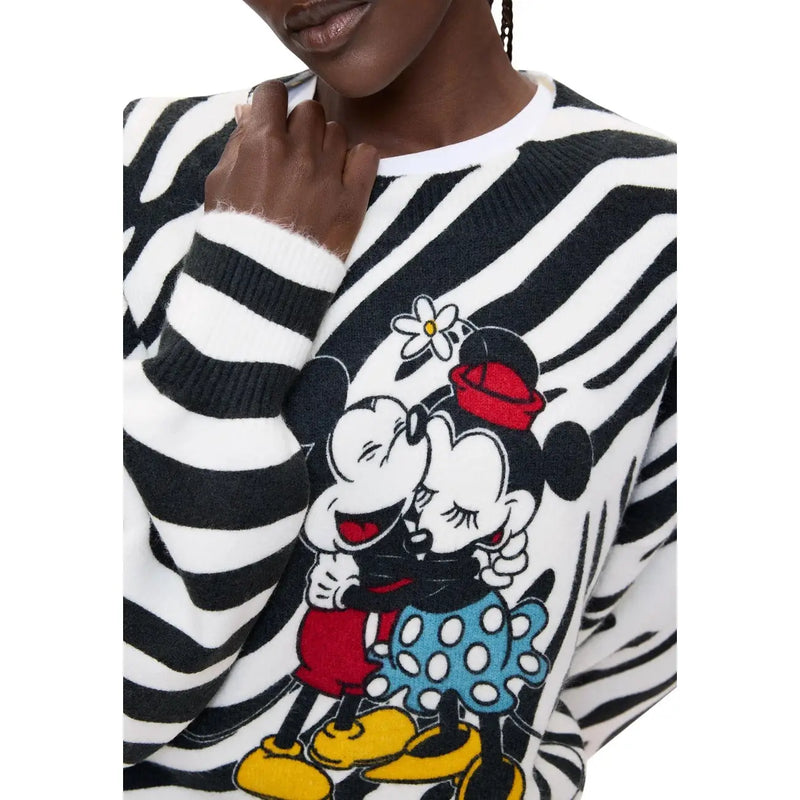 Desigual women white knitwear regular fit acrylic blend sweater with black and white zebra stripes and embroidered mickey and minnie design