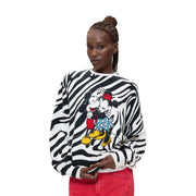 Desigual women white knitwear regular fit acrylic blend sweatshirt with black and white zebra stripes and colorful mickey and minnie embroidery