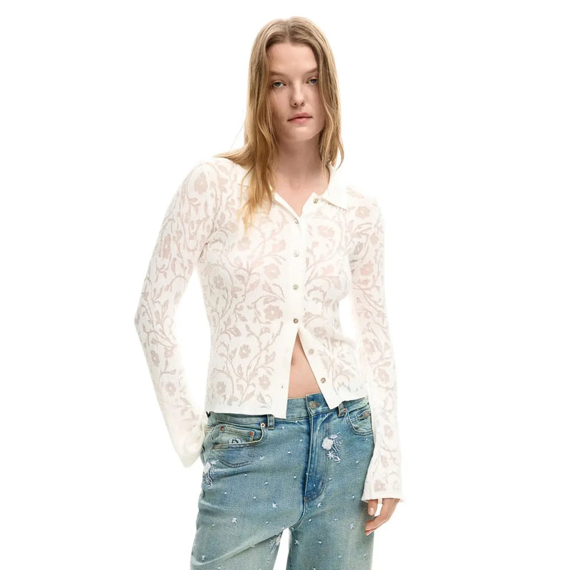 Desigual women white viscose classic shirt with long sleeves featuring a delicate ivory lace button-up design and floral pattern