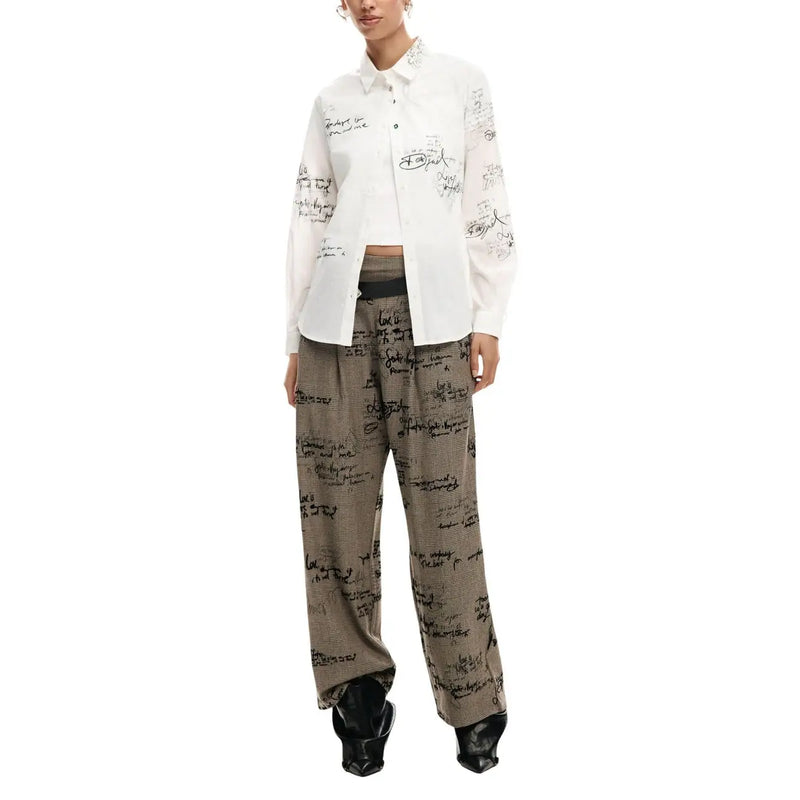 Desigual women white striped cotton long shirt with black handwritten script pattern button-up design