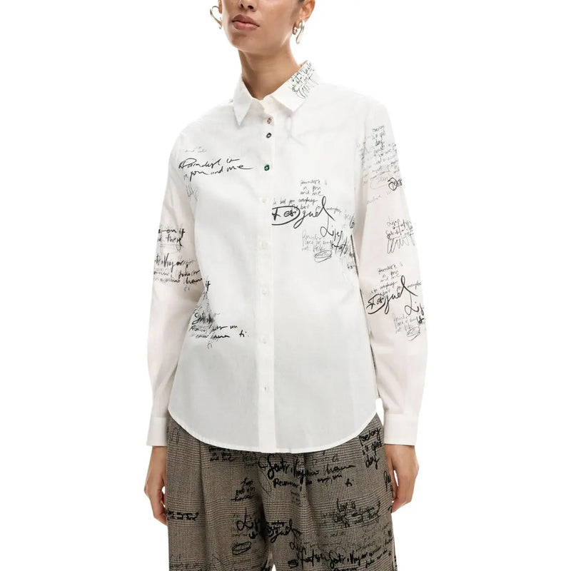 Desigual women white striped cotton long shirt with black handwritten script print and long sleeves