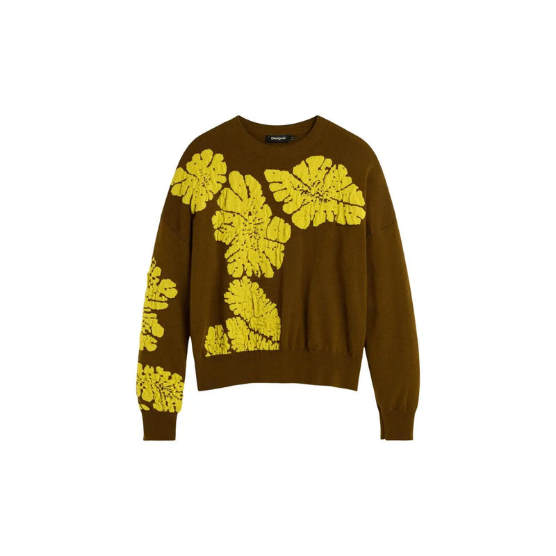 Pull Desigual pour femme en laine mélangée verte, style Dries van Noten, à motifs floraux jaune vif.