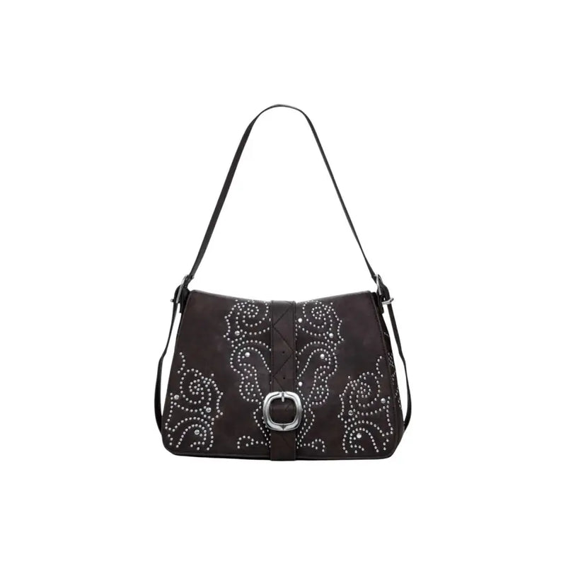 Dark brown women’s shoulder bag with silver studs and buckle closure for Fall Winter collection