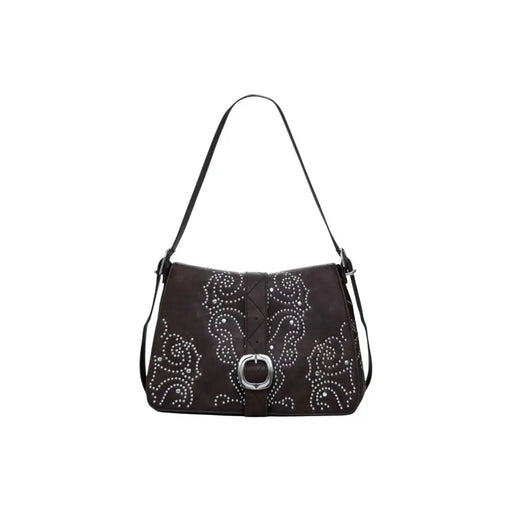 Dark brown women’s shoulder bag with silver studs and buckle closure for Fall Winter collection