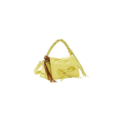 Desigual yellow handbag featuring vibrant lime green with braided handle brown leather accents and a decorative bow