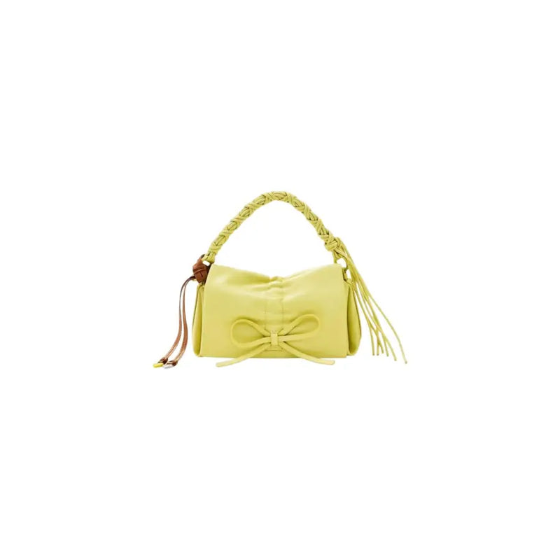 Sac à main Desigual vert citron vif avec anse tressée, nœud, franges, bandoulière et poches