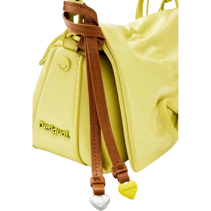 A vibrant lime green desigual handbag with brown leather straps and heart-shaped charms featuring shoulder strap and pockets