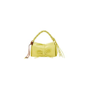 A vibrant lime green Desigual leather handbag with braided handle bow detail and fringed tassels with shoulder strap and pockets