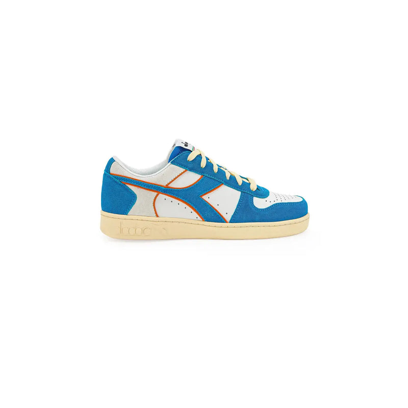 Blue and white diadora men’s sneakers with orange accents featuring suede and leather upper for everyday style