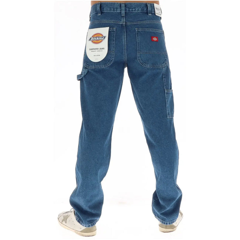 Dickies Jean de charpentier pour homme, bleu, avec poches cargo et étiquette rouge de la marque, vue de dos