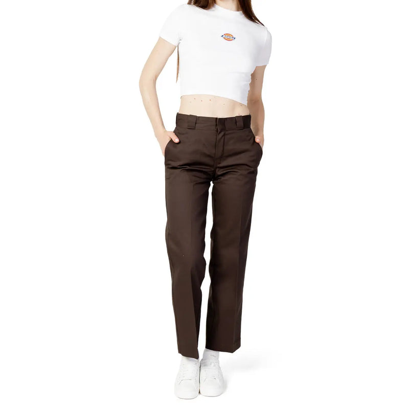 Pantalon Dickies marron à jambes droites en mélange de coton pour femme, adapté à un usage décontracté et professionnel.