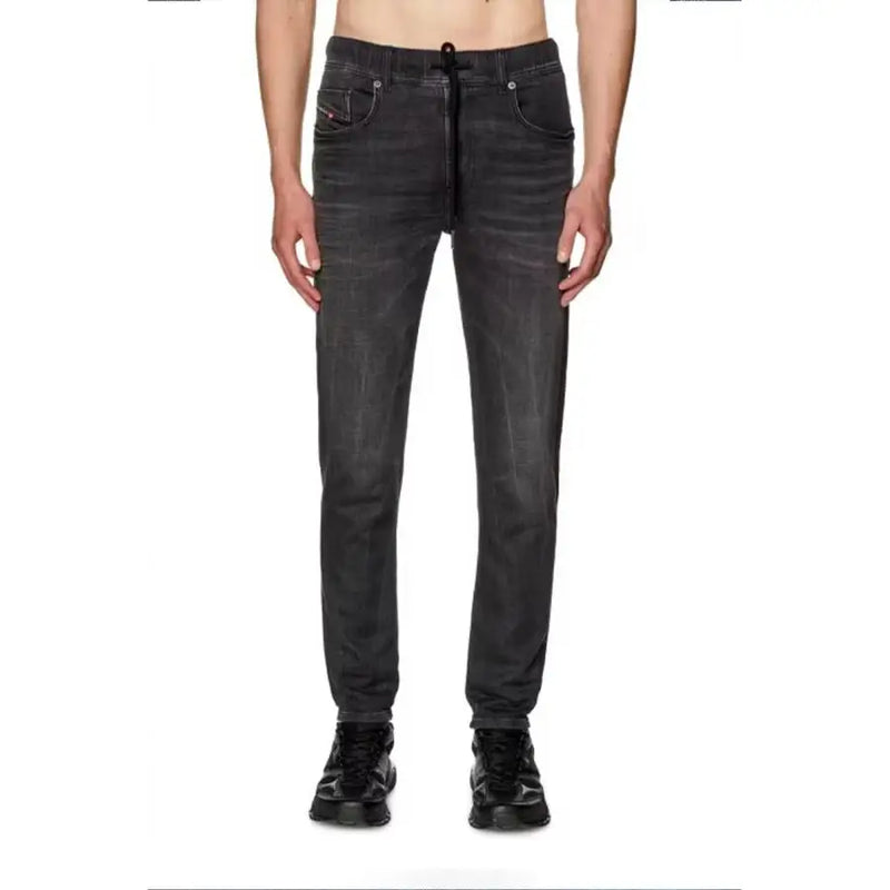 Diesel black cotton elastane dark-wash slim fit jeans for men with a black drawstring waistband and laces