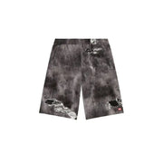 Black and white tie-dye distressed denim shorts with a faded wash design.