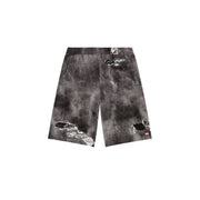 Diesel Short en coton pour homme, noir et gris tie-dye avec détails déchirés et usés, vue de face