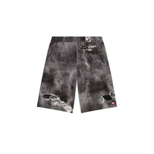 Diesel Short en coton pour homme, noir et gris tie-dye avec détails déchirés et usés, vue de face