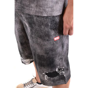 Diesel Short en coton noir pour homme, effet tie-dye vieilli et écusson logo rouge, vue de face