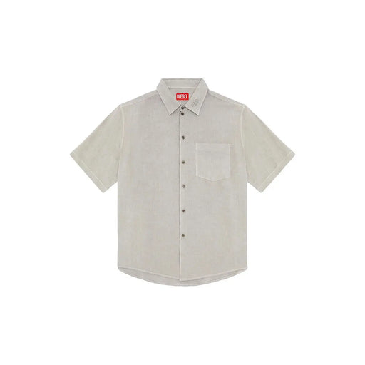 Diesel Chemise homme beige en coton à manches courtes, boutonnée, avec col classique et poche poitrine, ornée d'une étiquette de marque.