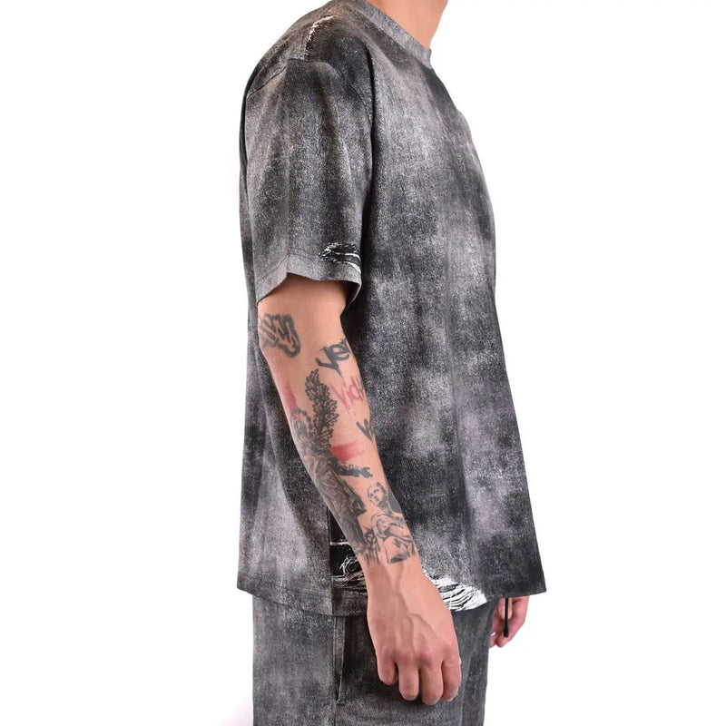 Diesel T-shirt homme en coton noir avec motif tie-dye noir et gris et manches déchirées à l'aspect usé