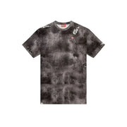 Diesel T-shirt homme en coton noir à manches courtes, style tie-dye gris délavé et détails graphiques blancs.