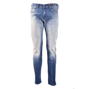 Blue faded jeans with red stitching and silver hardware.