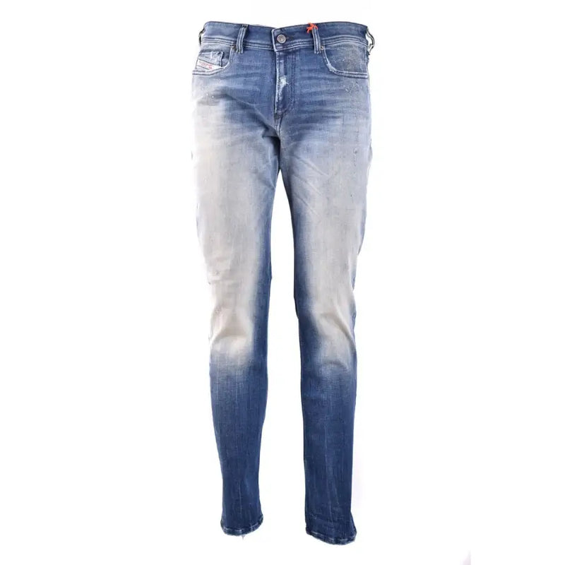 Blue faded jeans with red stitching and silver hardware.