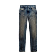 Distressed blue denim jeans with a worn look and button fly design.
