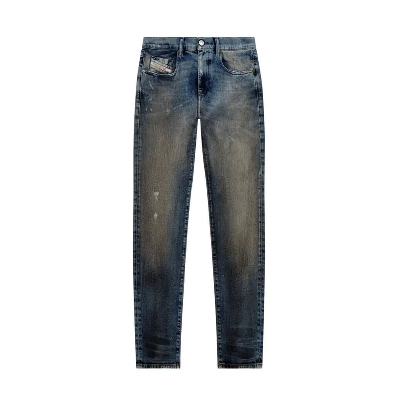 Distressed blue denim jeans with a worn look and button fly design.
