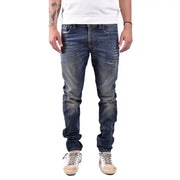 Slim fit blue denim jeans with distressed details and a popular brand logo.