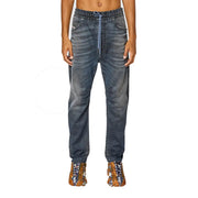 Dark-wash diesel men jeans jogger pants with lyocell cotton stretch and light blue drawstring waistband