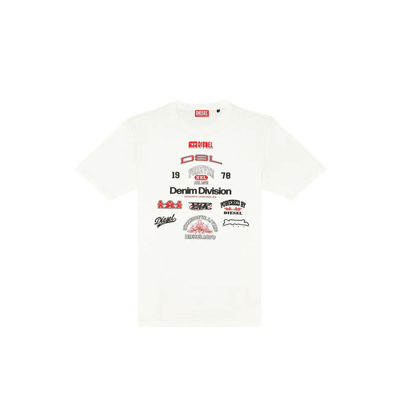 Diesel T-shirt blanc en coton pour homme, col rond, avec logos graphiques rouges et noirs sur la poitrine