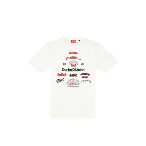 Diesel T-shirt blanc en coton pour homme, col rond, avec logos graphiques rouges et noirs sur la poitrine