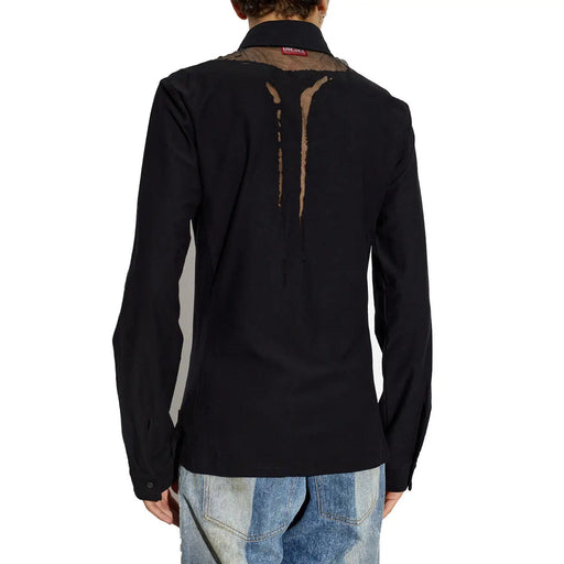 Dos d'un t-shirt Diesel pour homme, manches longues, noir, mélange de coton, avec empiècement texturé marron au niveau de l'encolure et de la colonne vertébrale.