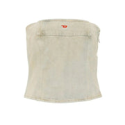 vue de dos d'un corset Diesel pour femme en denim bleu clair délavé de coton. top collection printemps-été avec un logo rouge discret