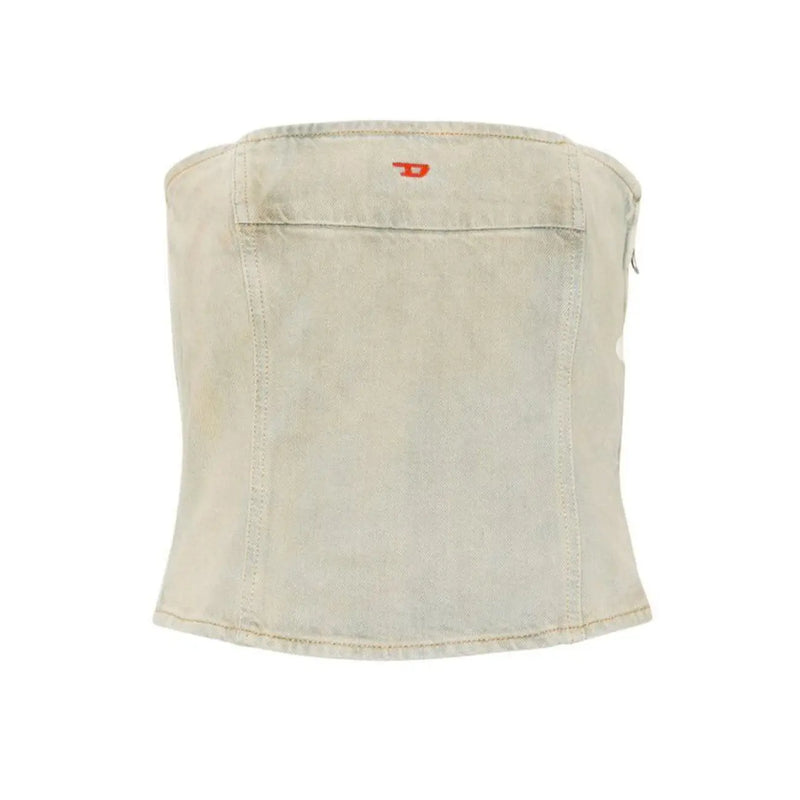 vue de dos d'un corset Diesel pour femme en denim bleu clair délavé de coton. top collection printemps-été avec un logo rouge discret