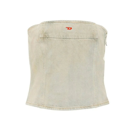 vue de dos d'un corset Diesel pour femme en denim bleu clair délavé de coton. top collection printemps-été avec un logo rouge discret