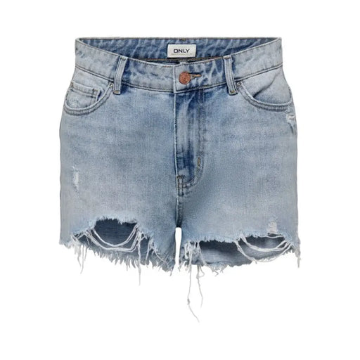 Light wash distressed denim shorts displayed in a stylish fashion setting
