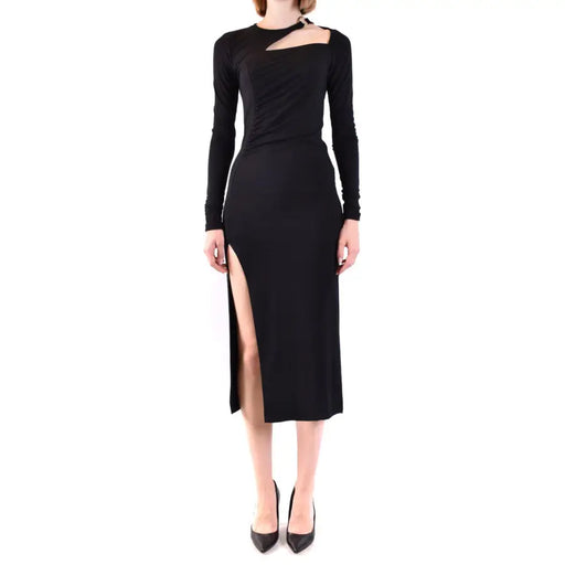 Dondup Black long-sleeve midi dress with high slit and asymmetrical neckline