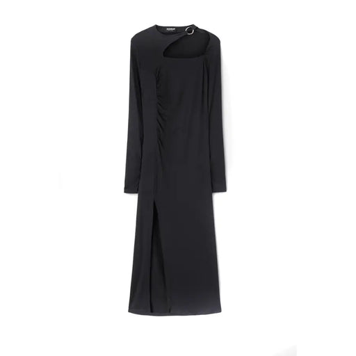 Dondup Black Long Round Neck Viscose Blend Dress with Side Cut-Out and High Slit