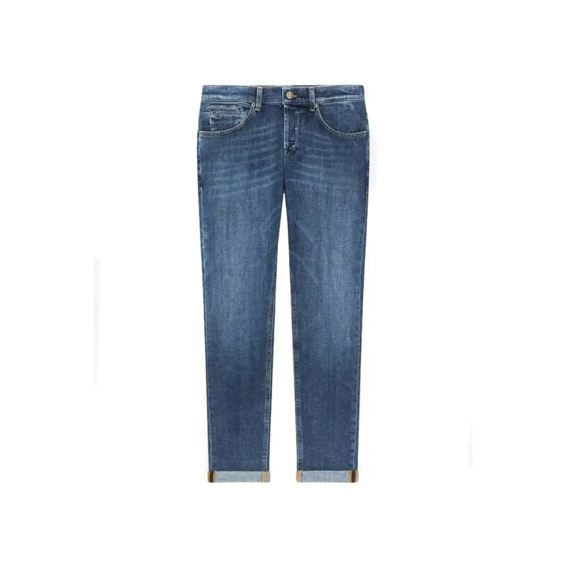 Blue denim jeans with rolled cuffs and a faded wash design.