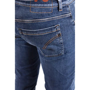 Back side of dondup blue cotton elastane men jeans in dark blue denim with contrasting orange stitching and brand logo