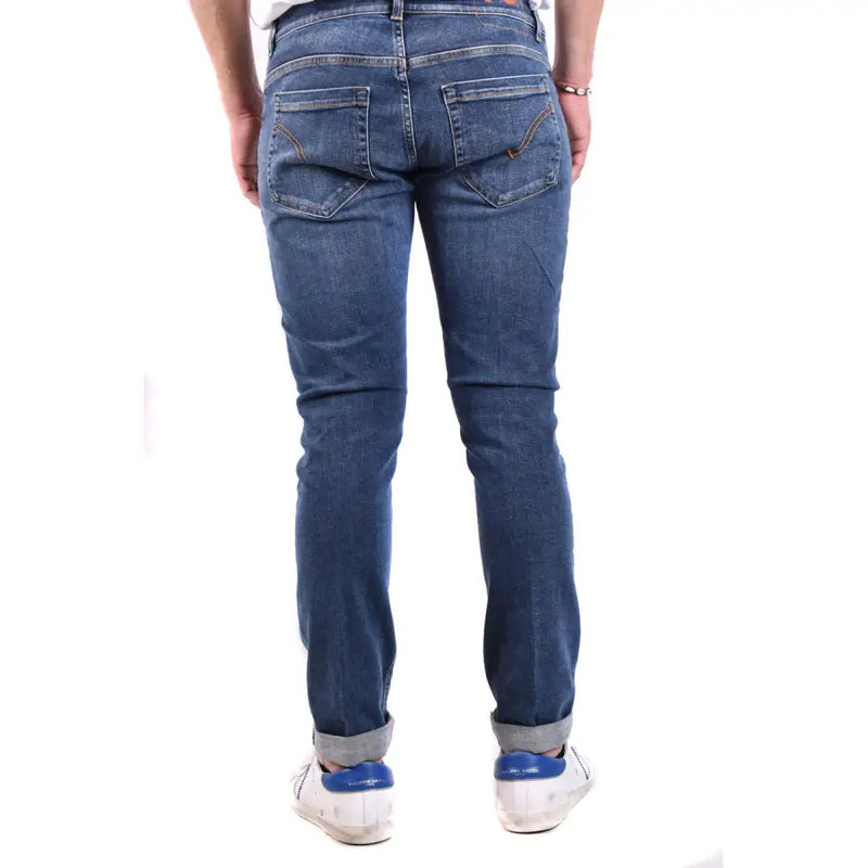 Back view of dondup blue cotton elastane slim fit men’s jeans with classic pockets and rolled cuffs for fall winter