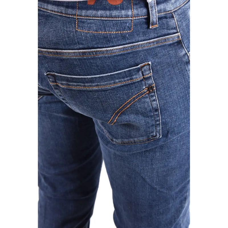 Back side of dondup blue cotton elastane men jeans in dark blue denim with contrasting orange stitching and brand logo