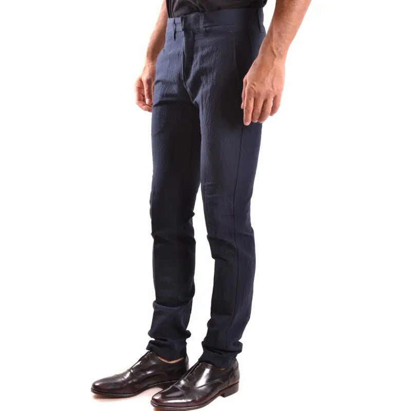 Dondup blue cotton slim-fit trousers for men with a dark navy subtle textured weave and tailored design