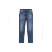 Blue denim jeans with distressed details and a straight leg fit.