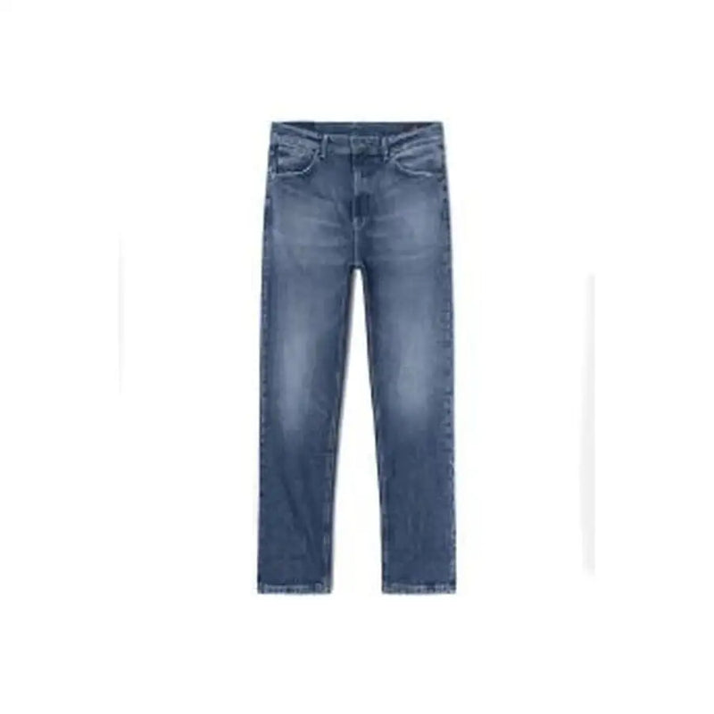 Blue denim jeans with distressed details and a straight leg fit.