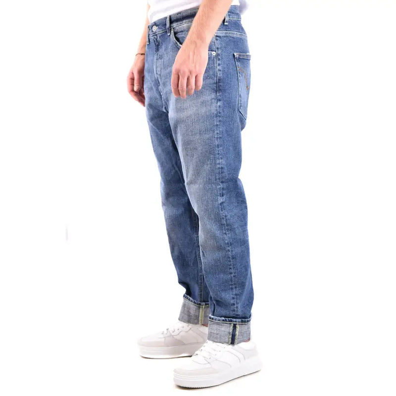 Dondup blue distressed denim jeans for men in medium-wash blue denim with classic five-pocket design and rolled cuffs