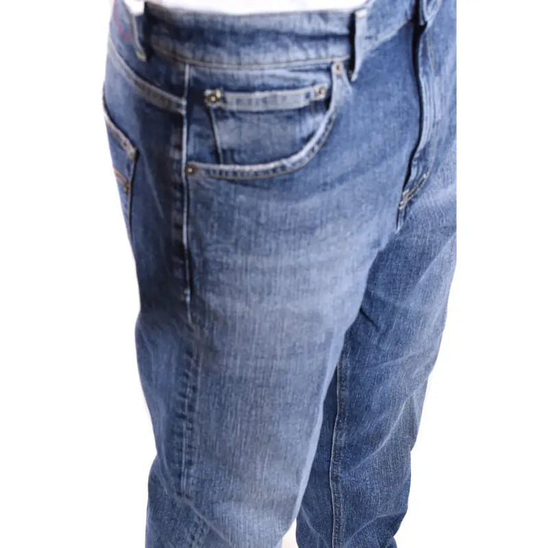 Dondup blue distressed denim jeans for men medium-wash cotton with classic five-pocket design and subtle fading