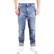Blue denim jeans with white stitching and pockets, classic fit.