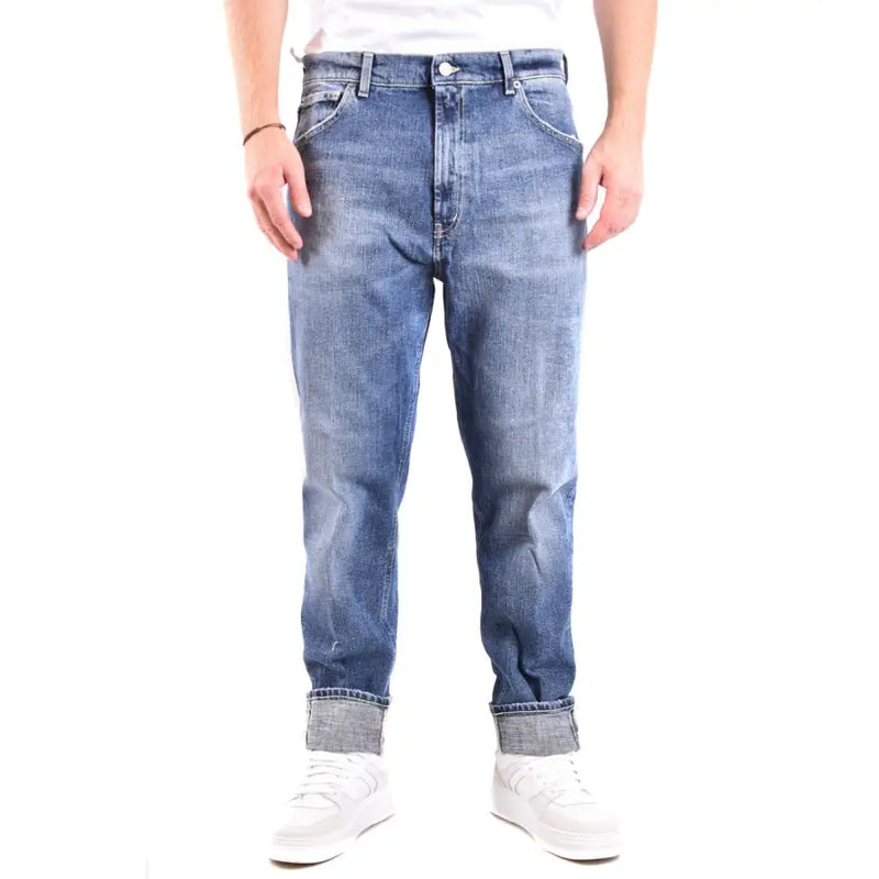 Blue denim jeans with white stitching and pockets, classic fit.